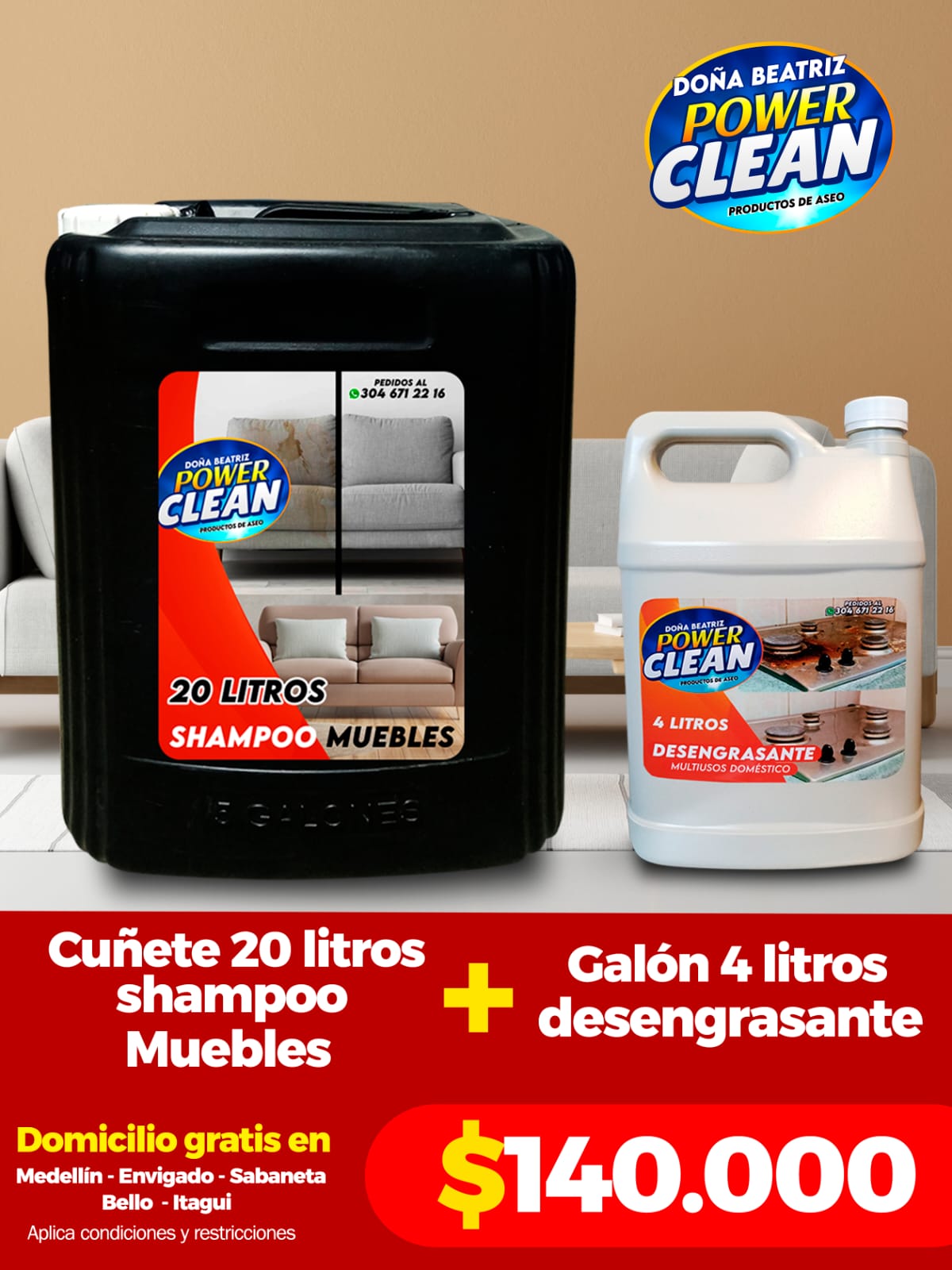Combo Cuñete Shampoo para Muebles 20L + Desengrasante 4L Power Clean - Cesta Maestra - Power Clean