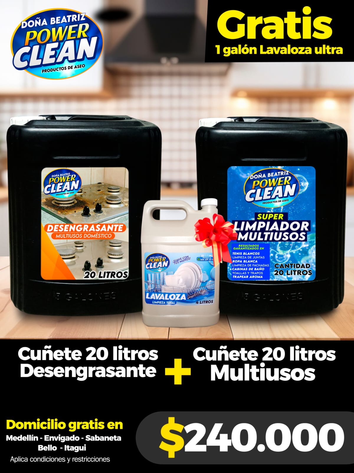 Combo Cuñetes 20L Desengrasante + Multiusos Power Clean + Galón Lavaloza Gratis - Cesta Maestra - Power Clean