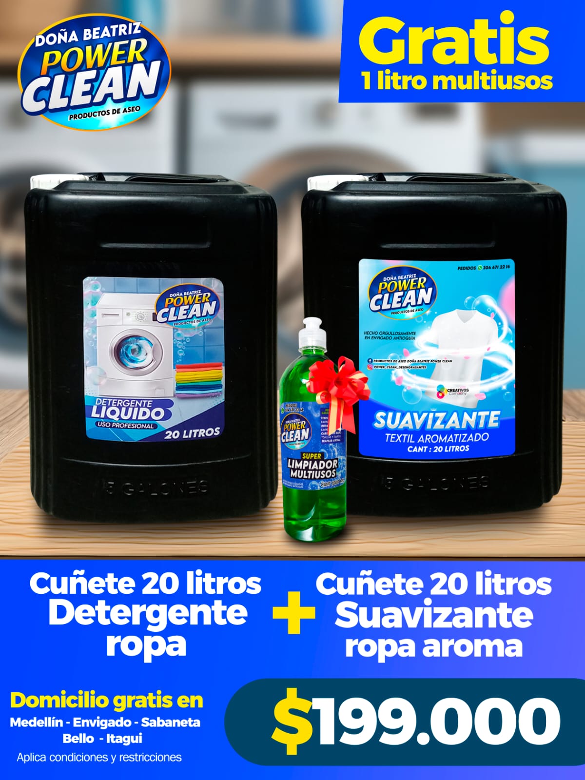 Combo Cuñetes 20L Detergente + Suavizante Power Clean + 1L Multiusos Gratis - Cesta Maestra - Power Clean