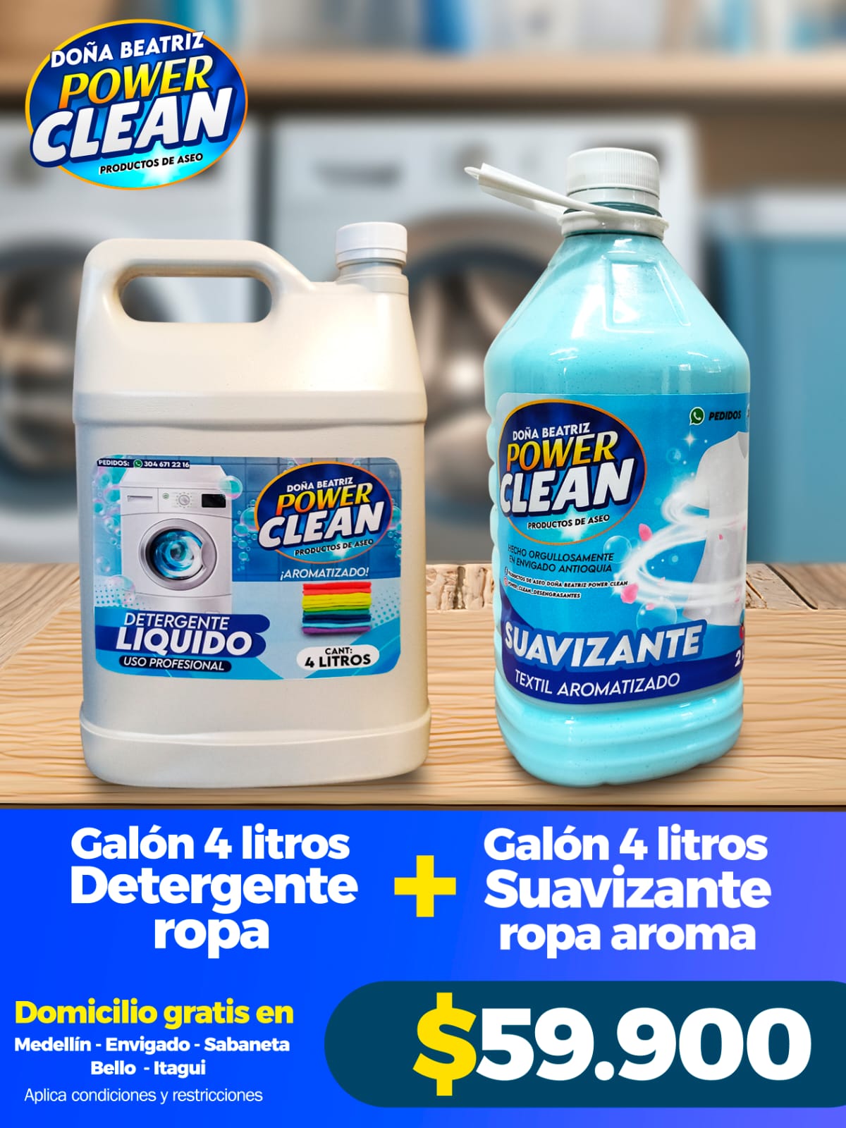 Combo galón detergente de ropa y suavizante 4 litros Power Clean