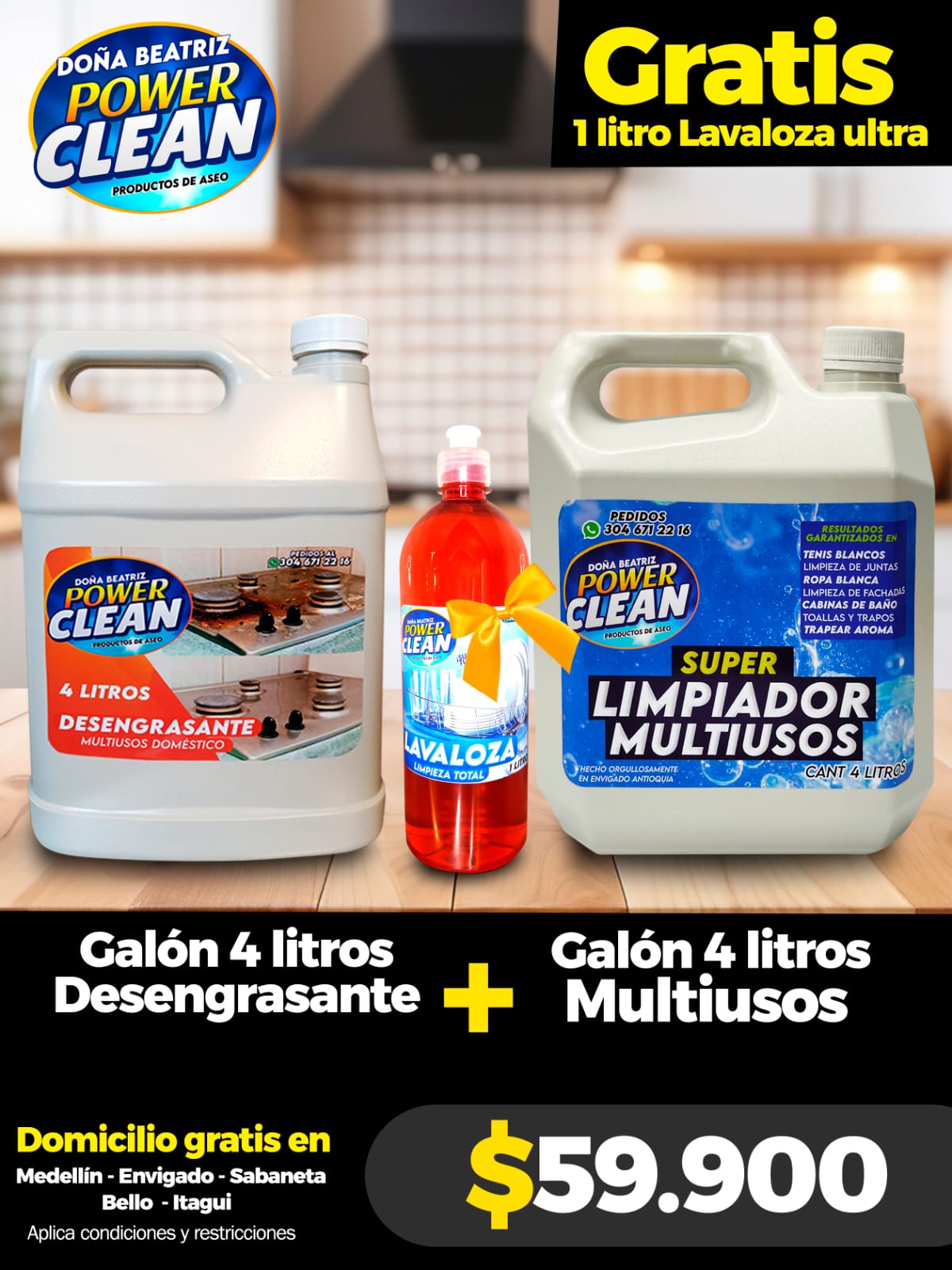 Combo Galones Desengrasante + Multiusos 4L Power Clean + 1L Lavaloza Gratis - Cesta Maestra - Power Clean