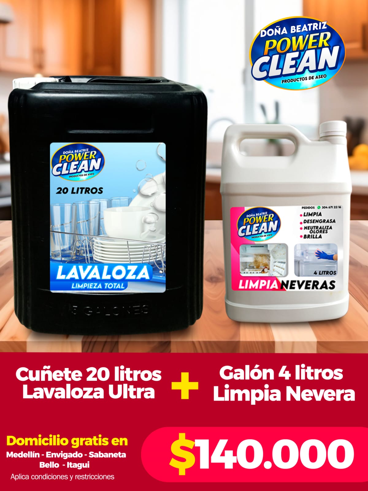 Combo cuñete lavaloza ultra 20 litros y limpia neveras 4 litros Power Clean