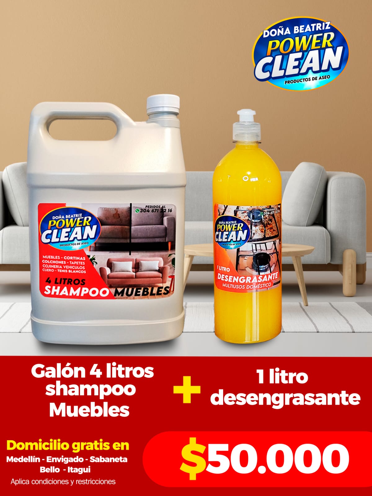 Combo galón shampoo muebles 4 litros y desengrasante 1 litro Power Clean