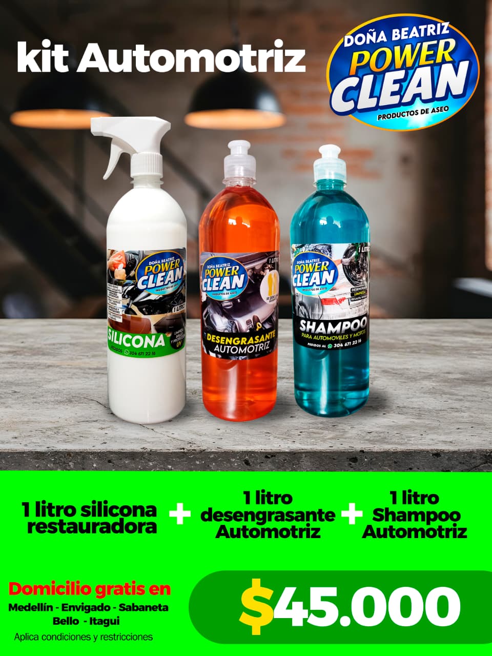 Kit Automotriz Power Clean 1L – Silicona, Desengrasante y Shampoo - Cesta Maestra - Power Clean