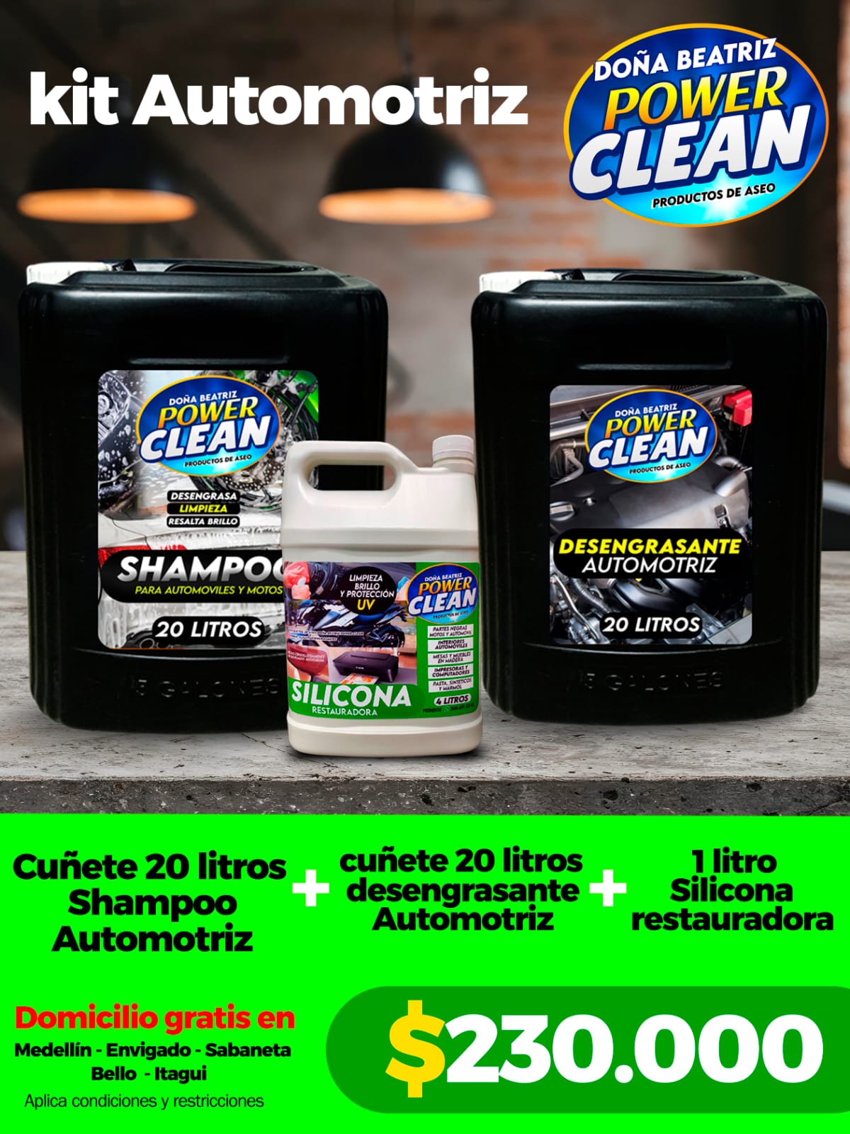 Kit automotriz profesional Power Clean con cuñetes de 20 litros y silicona