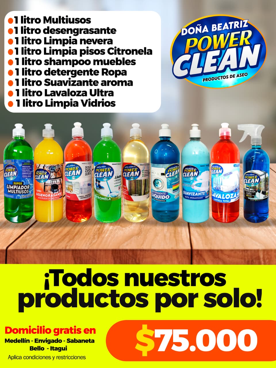 Muestrario de 9 productos de aseo Power Clean de 1 litro