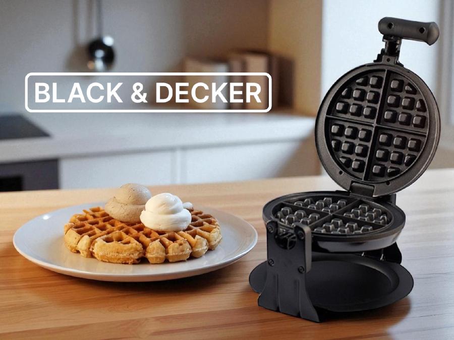 Waflera Black+Decker Giratoria Negra WM1000B – Waffles Dorados y Esponjosos - Cesta Maestra - RAM TECHNOLOGY